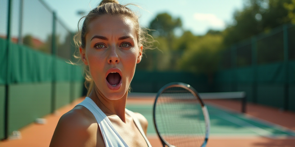 a woman holding a tennis racquet on a tennis court with a surprised look on her face and mouth, Eva