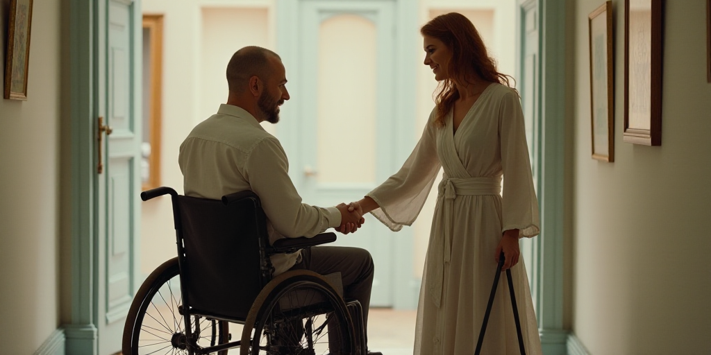 a woman holding the hand of a man in a wheelchair with a cane in her hand and a cane in her hand, É