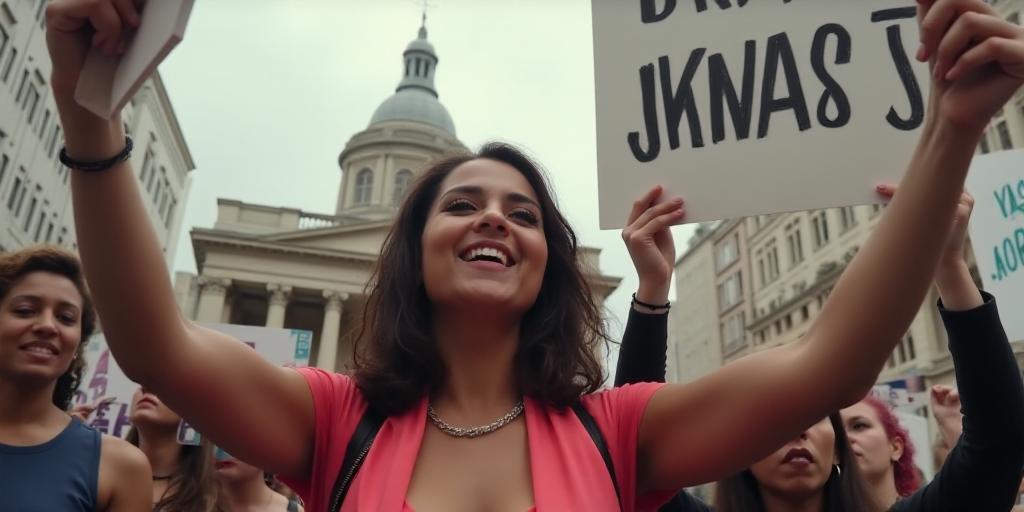 a woman holding up signs in a protest with other people holding up signs in the background and a bui