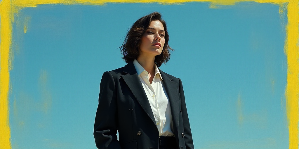 a woman in a black jacket and white shirt is standing in front of a blue background with a yellow bo