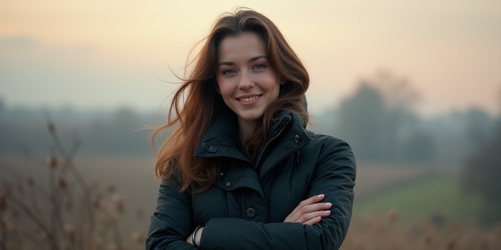 a woman in a black jacket is smiling for the camera with her arms crossed and her hands folded in fr