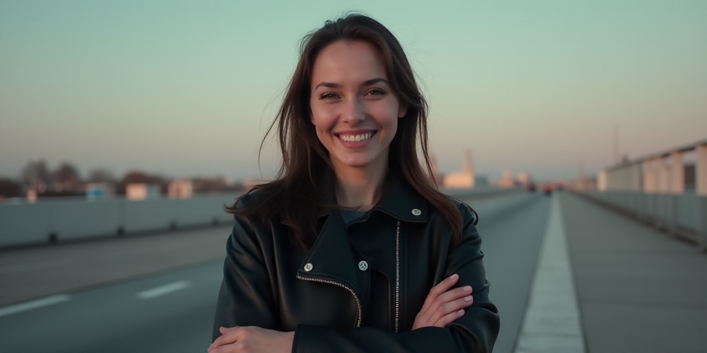 a woman in a black jacket is smiling for the camera with her arms crossed and her hands folded in fr