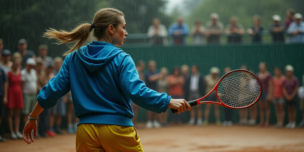 a woman in a blue jacket is playing tennis in front of a crowd of people in the rain and rain, Fabie