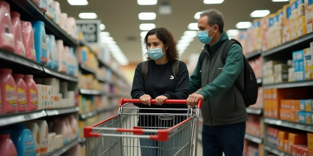 a woman in a face mask is shopping at a store with a shopping cart and a man in a face mask, Ada Gla