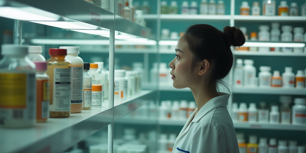 a woman in a pharmacy shop looking at a shelf of medicine bottles and other items on shelving units,