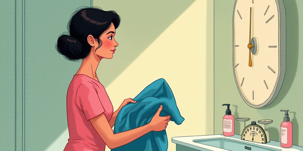 a woman in a pink top is holding a blue towel in a bathroom with a scale and a bottle of soap, Évar