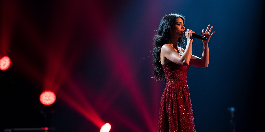 a woman in a red and black dress singing into a microphone on stage with a microphone in her hand, A
