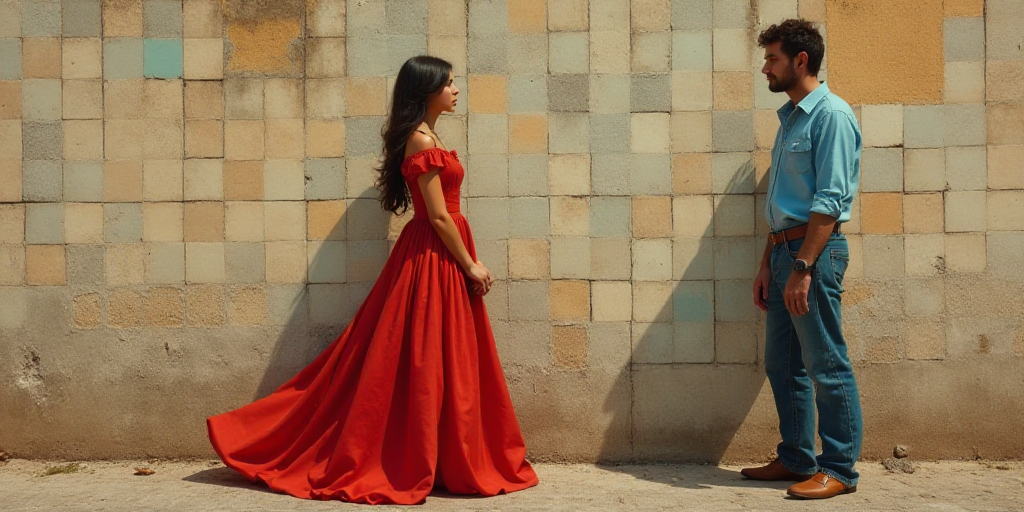 a woman in a red dress standing next to a man in a blue shirt and jeans in front of a tiled wall, Ev