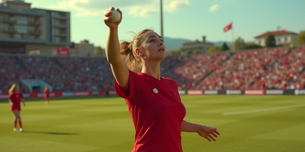 a woman in a red shirt is throwing a ball in a field with a crowd watching her from the sidelines, A