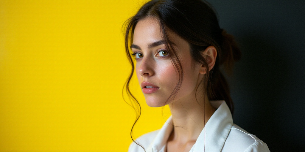 a woman in a white shirt and a black and yellow background with a yellow and black background and a