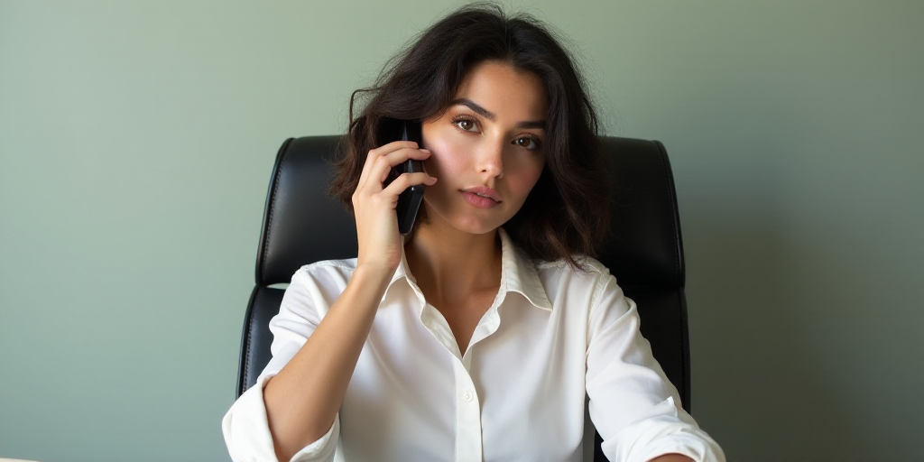 a woman in a white shirt is holding a cell phone up to her ear and a black chair behind her, Araceli