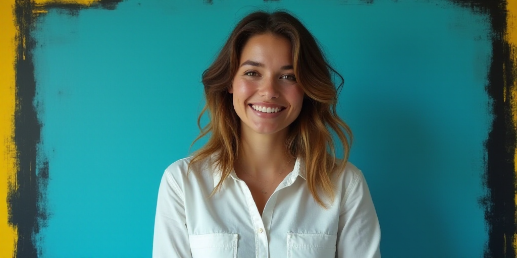 a woman in a white shirt is smiling for the camera with a blue background and a black and yellow bor