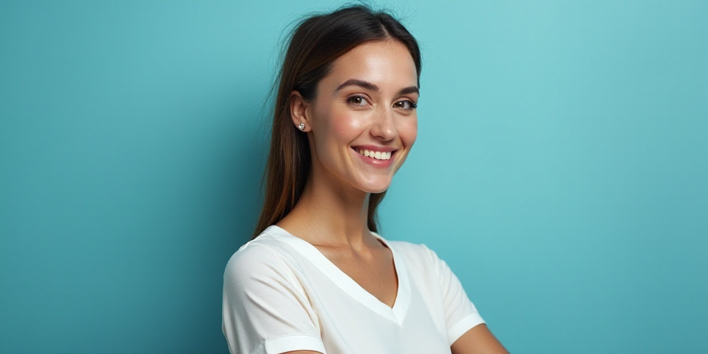 a woman in a white top is smiling for the camera with a blue background and a black and yellow borde