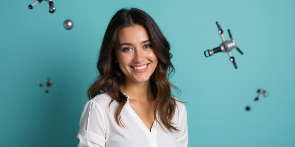 a woman in a white top is smiling for the camera with a blue background and a black and yellow borde
