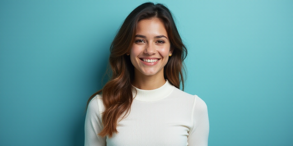 a woman in a white top is smiling for the camera with a blue background and a black and yellow borde