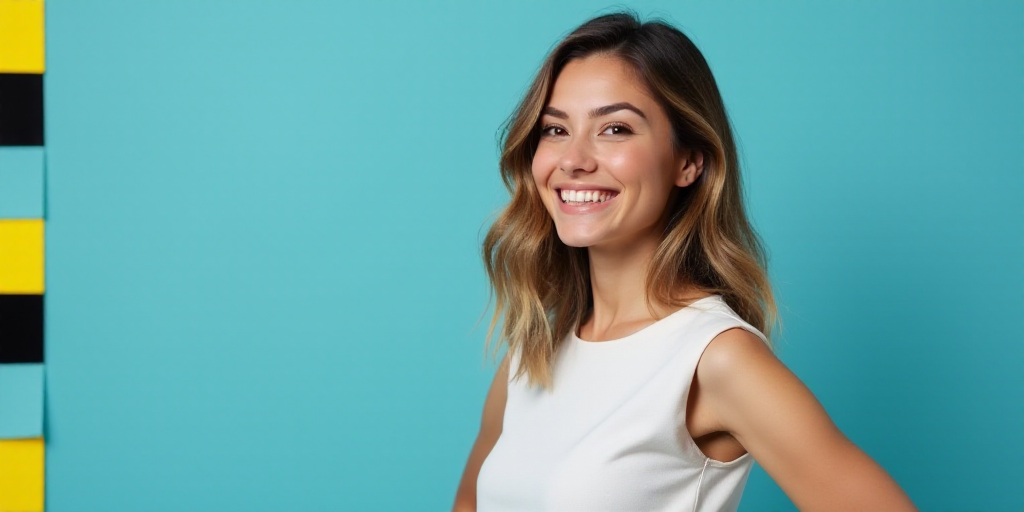 a woman in a white top is smiling for the camera with a blue background and a black and yellow borde