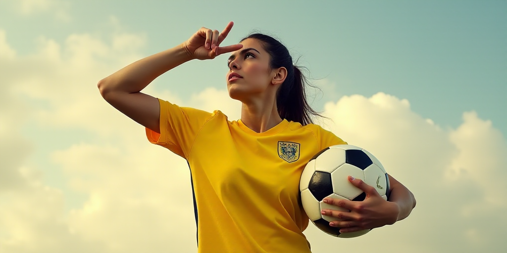 a woman in a yellow shirt is holding a soccer ball and pointing to the side of her head with her han