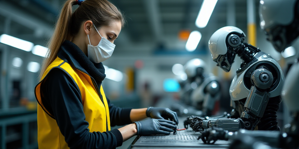 a woman in a yellow vest and a mask working on a machine in a factory with other machinery in the ba