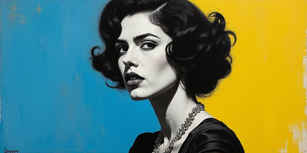 a woman in black and white with a blue background and a blue and yellow background with a black and