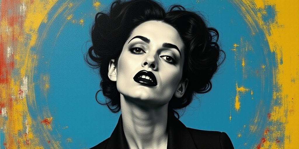 a woman in black and white with a blue background and a blue and yellow background with a black and