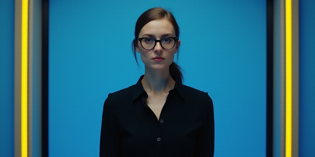 a woman in black shirt and glasses standing in front of a blue background with a yellow border and a