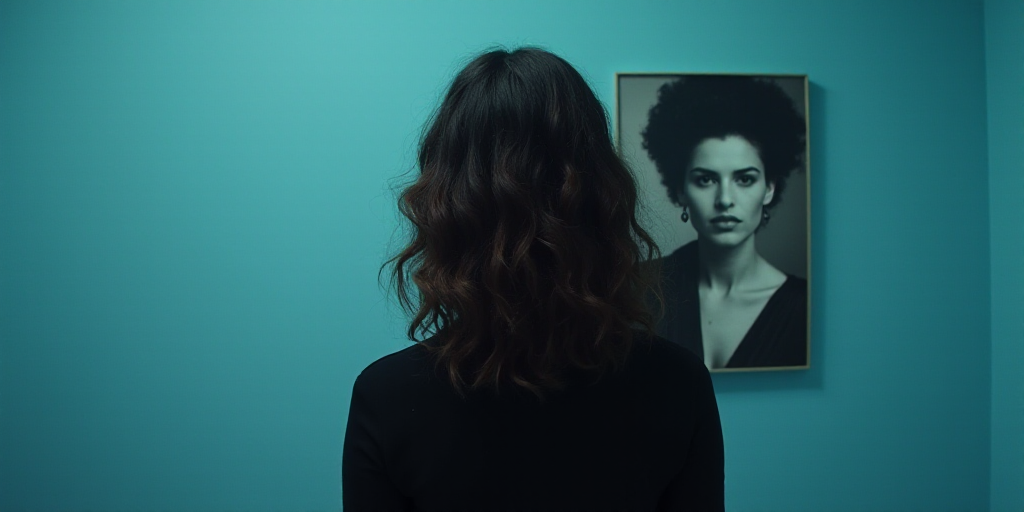 a woman in black shirt standing in front of a blue background with a black and white photo of her, D