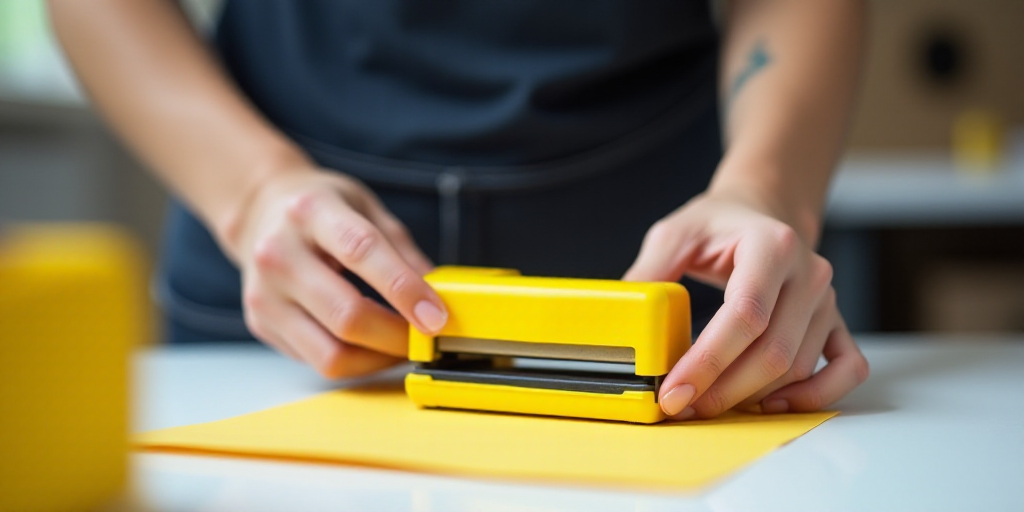a woman is cutting a piece of paper with a yellow puncher and a yellow puncher in front of her, Anne