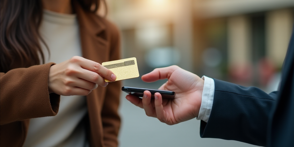 a woman is handing a credit card to a man's hand with a cell phone in his hand, Dahlov Ipcar, produc