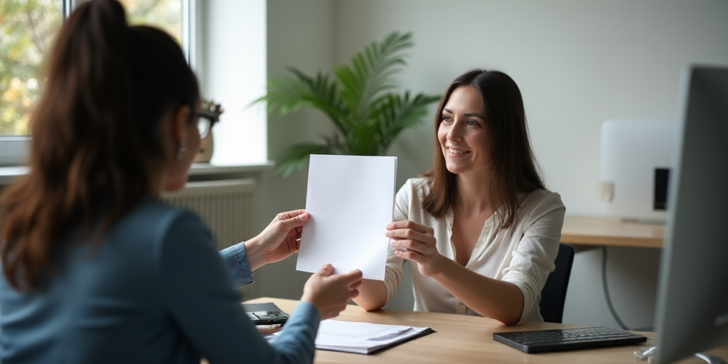 a woman is handing a piece of paper to another woman at a desk with a computer and a monitor, Aracel