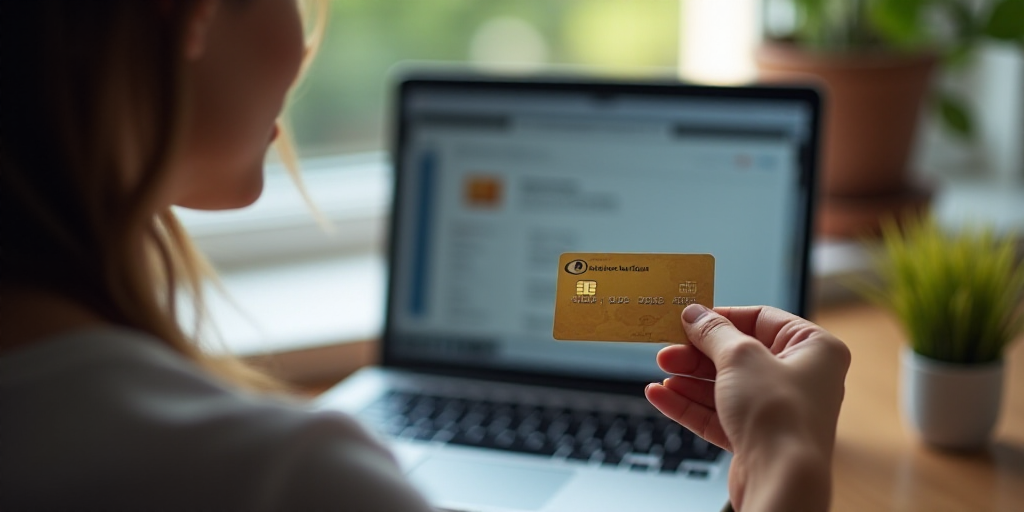 a woman is holding a credit card and looking at a laptop screen with a screen displaying a message o