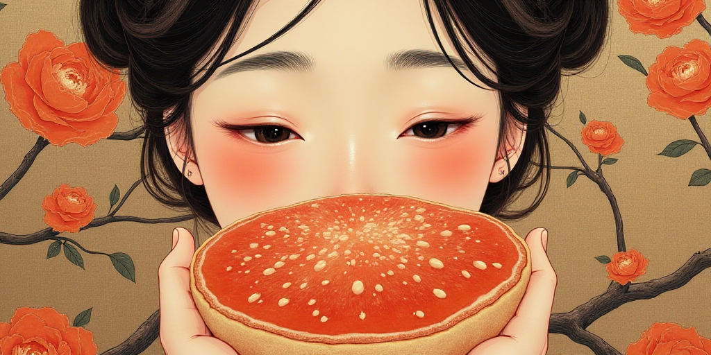 a woman is holding a large piece of food in her hands and looking at it with a smile on her face, Ca