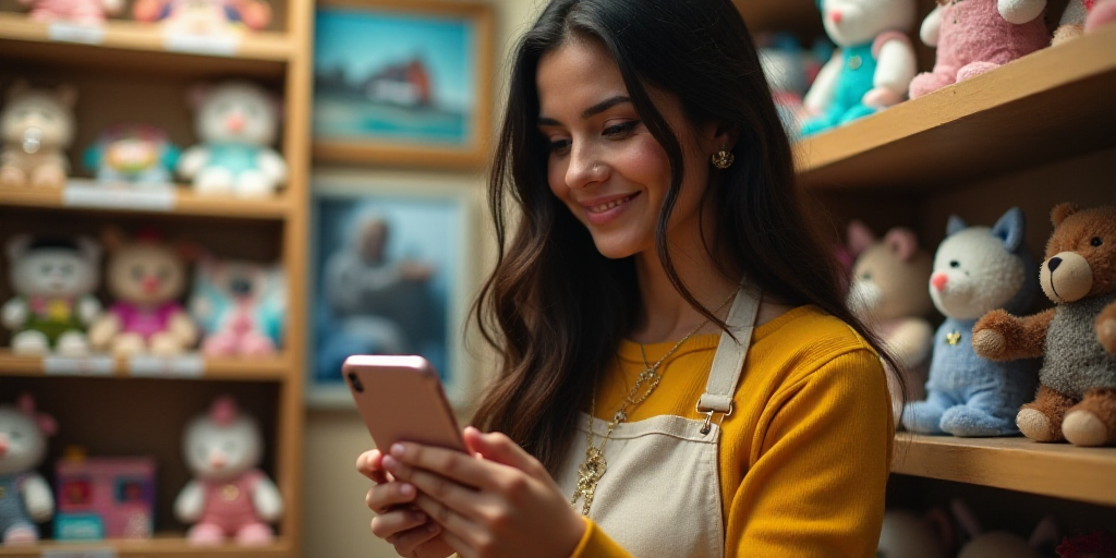 a woman is looking at a cell phone in a store with lots of items on display behind her and a wall of
