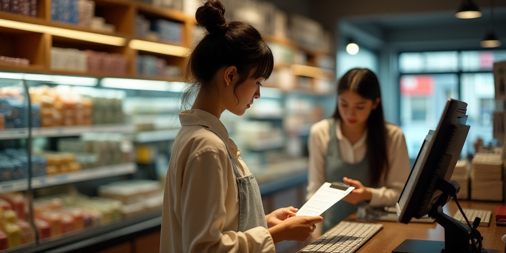 a woman is looking at a check in a checkout counter at a store with a woman in the background, Évar