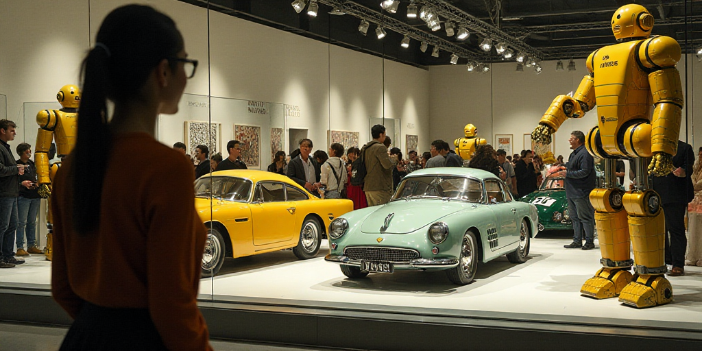 a woman is looking at a display of cars in a store window display area with people standing around a