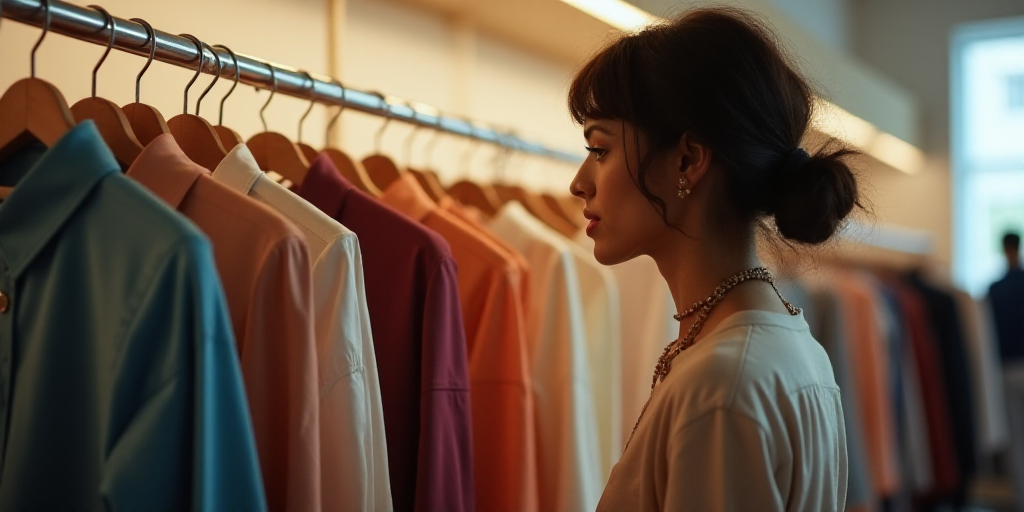 a woman is looking at a shirt hanging on a rack of clothes in a store or clothing store,, Andries St
