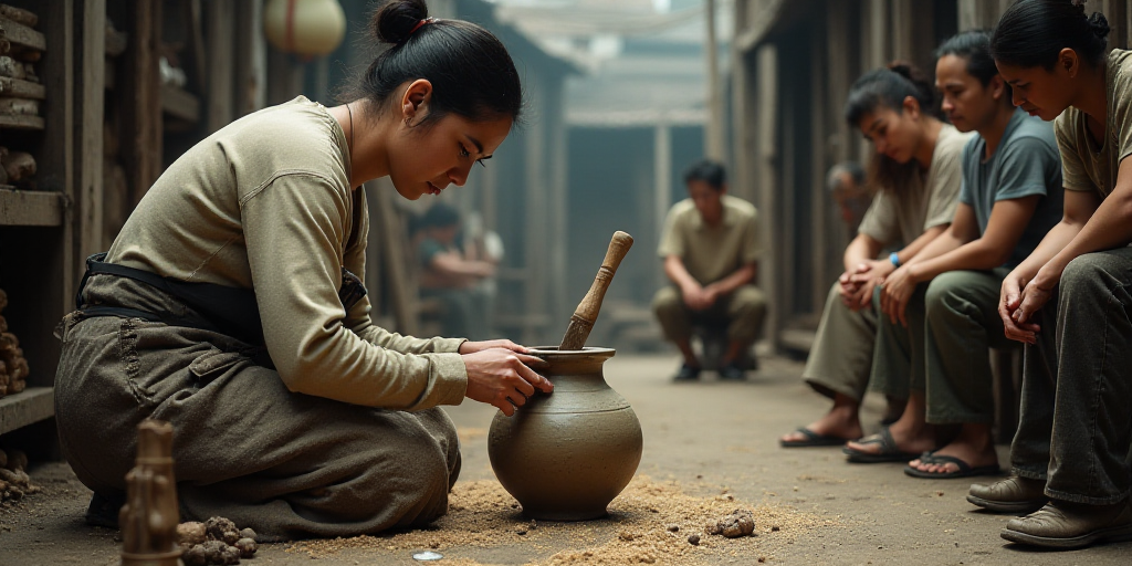 a woman is making a pot with a wooden stick and a knife in it while others look on from the other si