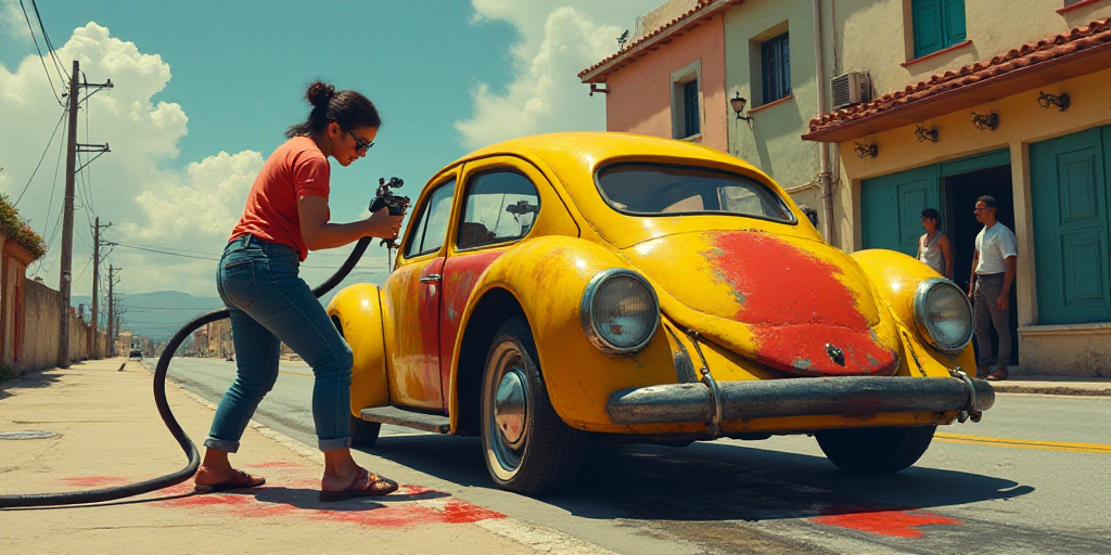 a woman is painting a car on the side of the road with a spray gun and a hose attached to it, Diego