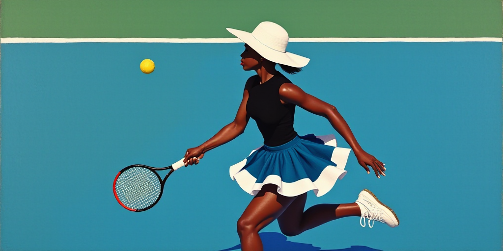 a woman is playing tennis on a blue court with a white hat and black shirt and a white and blue skir