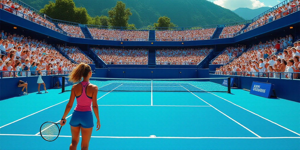 a woman is playing tennis on a blue court with a crowd watching her from the stands in the stands, A