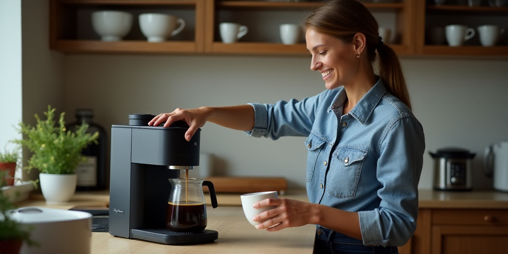 a woman is pouring a cup of coffee into a coffee maker in a kitchen with a coffee maker and shelves