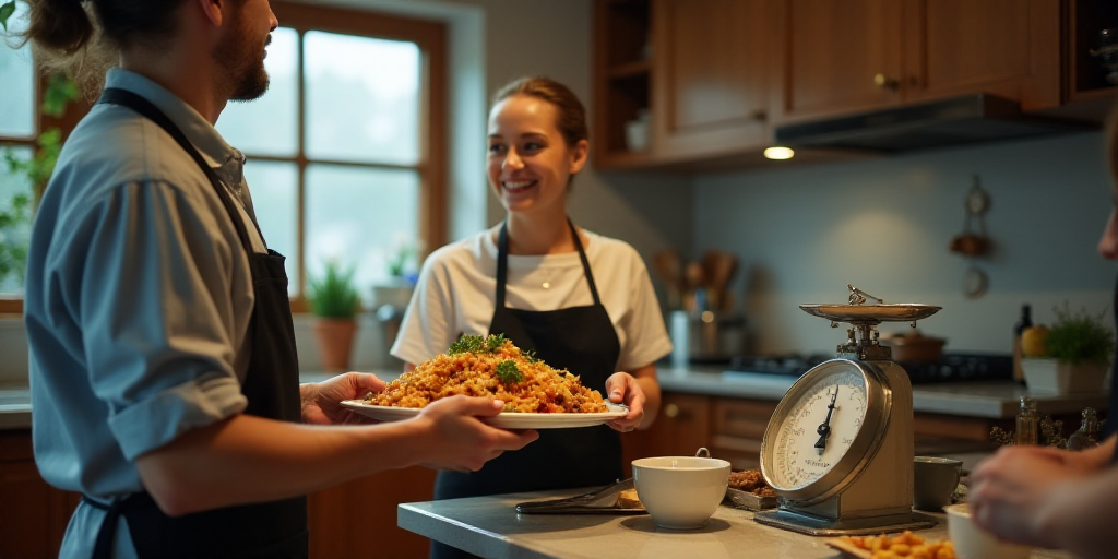 a woman is serving a tray of food to a man in a kitchen with other people around her and a scale wit