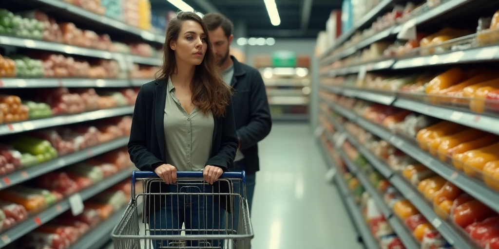 a woman is shopping in a grocery store with a shopping cart in front of her and a man behind her, Ev