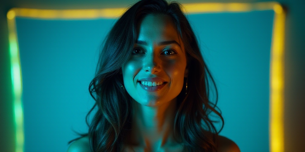 a woman is smiling for a picture with a blue background and a yellow border around her is the captio