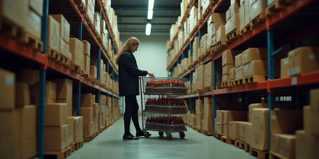 a woman is standing in a warehouse with a cart of drinks and a lot of boxes on the shelves, Andries