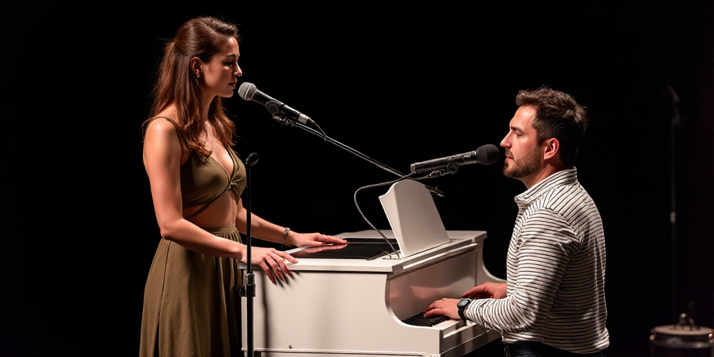 a woman is standing next to a man in a striped shirt and a microphone in front of a white piano, Ara