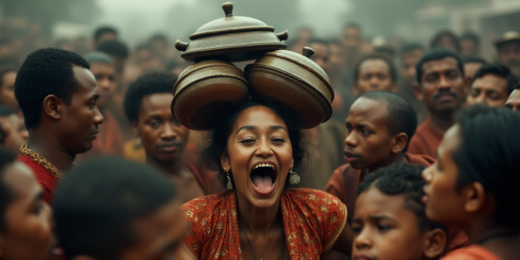 a woman is surrounded by a crowd of people with pots and pans on her head and mouth open, Aya Goda,