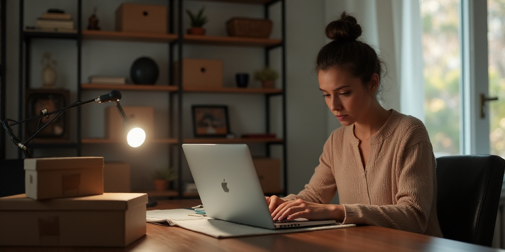 a woman is working on a laptop in a room with boxes on the table and a lamp on the table, Evaline Ne