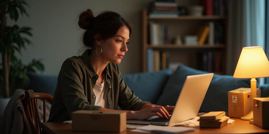a woman is working on a laptop in a room with boxes on the table and a lamp on the table, Evaline Ne