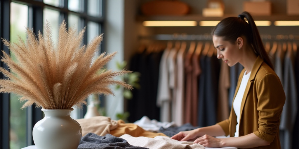 a woman looking at clothes on a table in a store with a vase of dried grass in the foreground, Chris