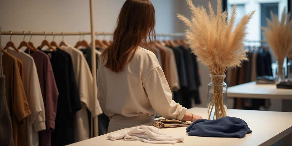 a woman looking at clothes on a table in a store with a vase of dried grass in the foreground, Chris